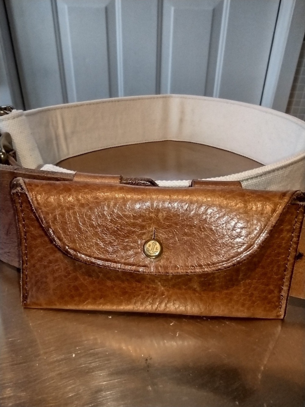 Ralph Lauren Purple Label  Brown Leather Waist Belt Bag with Cream Canvas Strap